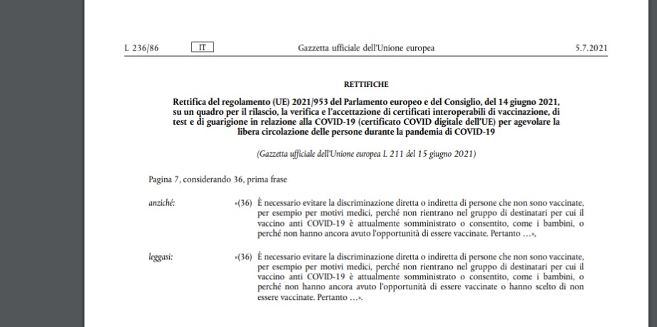 La UE rettifica in Gazzetta il Regolamento 2021/953 e conferma la libertà vaccinale